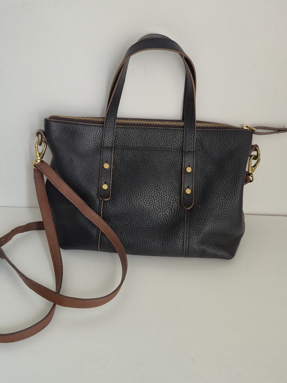 Fossil Black Pebbled Leather Tote with Brown Strap